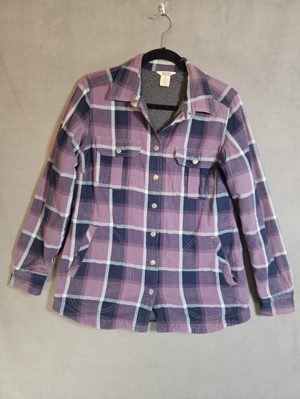 Duluth Trading Flannel Jacket women Medium Purple Plaid Fleece lined Shacket